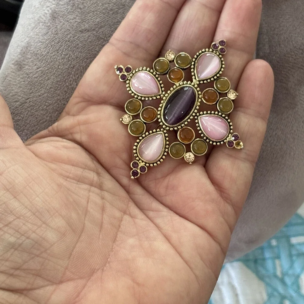 Multicolor Pink Purple Amber Cabochon Gold Brooch Pin Bold Flower Cross Shape